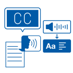 Closed captioning on a video, a transcript with a audio ion, and someone speaking with a paper behind them indicating a transcript